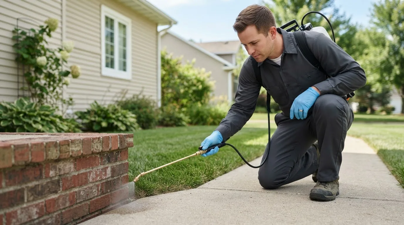 Pest control technician treating a home near Botkins, OH